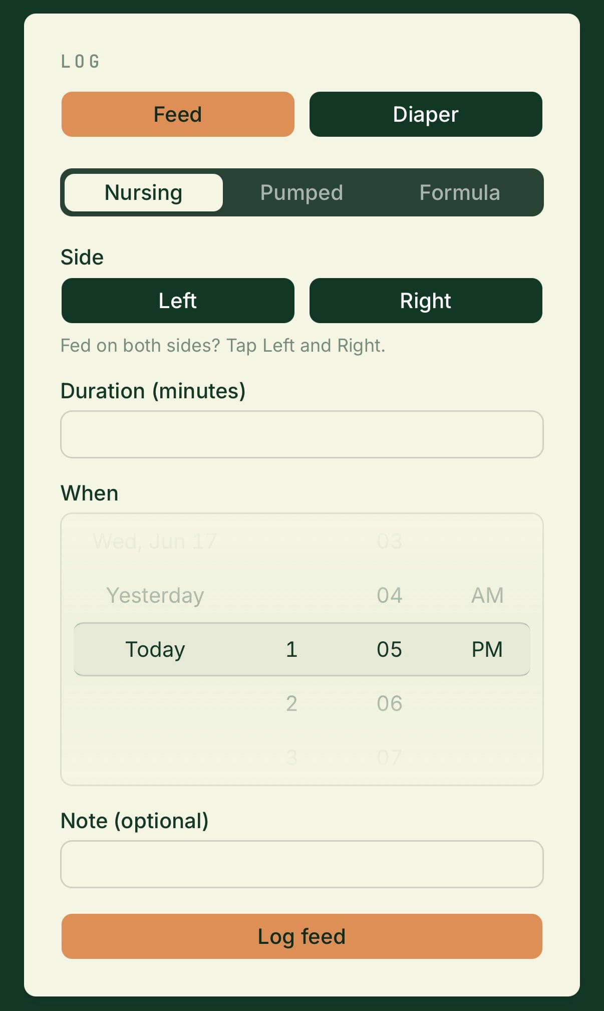 Quick log screen for recording a feed